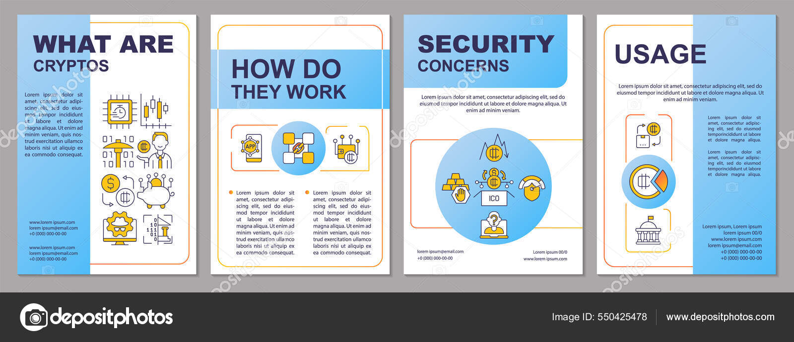 파란색 팜플렛 템플릿을 뜻하는 암호화 어떻게 작용하는지 아이콘을 디자인 레이아웃을 스톡 벡터 - ©bsd_studio 550425478