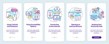 Mobil uygulama ekranında dijital temel beceriler. Çizgisel kavramlarla dolu 5 aşamalı grafik talimatları. UI, UX, GUI şablonu. Kullanılan sayısız Pro-Kalın, Düzenli yazı tipleri