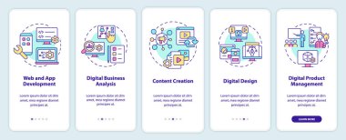Mobil uygulama ekranında gelişmiş dijital beceriler. Bilgisayar okur yazarlığı, doğrusal kavramları olan 5 adımda grafik talimatları sayfalarını inceler. UI, UX, GUI şablonu. Kullanılan sayısız Pro-Kalın, Düzenli yazı tipleri