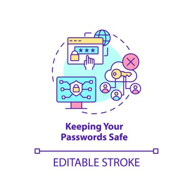 Şifrelerinizi güvenli konsept simgesi olarak saklıyorsunuz. Dijital temel beceriler soyut fikir ince çizgi çizimi. İzole bir taslak çizim. Düzenlenebilir felç. Arial, Myriad Pro-Kalın yazı tipleri