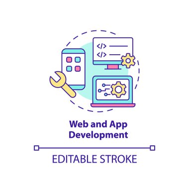 Web ve uygulama geliştirme konsepti simgesi. Site oluştur. Gelişmiş dijital beceriler soyut fikir ince çizgi çizimi. İzole bir taslak çizim. Düzenlenebilir felç. Arial, Myriad Pro-Kalın yazı tipleri