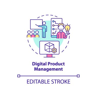 Dijital ürün yönetimi konsepti simgesi. Proje kontrolü. Gelişmiş dijital beceriler soyut fikir ince çizgi çizimi. İzole bir taslak çizim. Düzenlenebilir felç. Arial, Myriad Pro-Kalın yazı tipleri