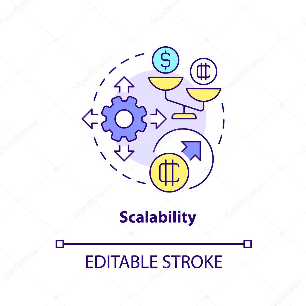 Scalability concept icon. Cryptocurrency drawback abstract idea thin line illustration. Limited capability. Isolated outline drawing. Editable stroke. Arial, Myriad Pro-Bold fonts used