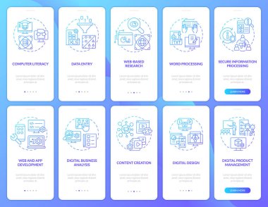 Dijital beceriler, okur yazarlık mavi gradyan mobil uygulama ekran seti. Çizgisel kavramlarla dolu 5 aşamalı grafik talimatları. UI, UX, GUI şablonu. Kullanılan sayısız Pro-Kalın, Düzenli yazı tipleri