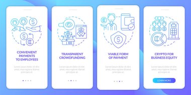 Mobil uygulama ekranında mavi gradyan kullanımında kripto güçlü noktaları. Doğrusal kavramlarla dolu dört adımda grafik talimatları uygula. UI, UX, GUI şablonu. Kullanılan sayısız Pro-Kalın, Düzenli yazı tipleri