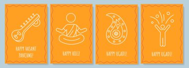 Hint bayramı kartpostallarını doğrusal glyph simgesi setiyle kutluyoruz. Dekoratif vektör tasarımlı tebrik kartı. Yaratıcı çizim illüstrasyonlu basit tarz poster. Tatil broşürleri.