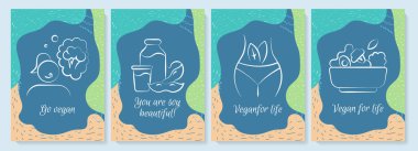 Vegan diyet kartpostalları ve doğrusal glyph simgesi seti. Vejetaryenlik. Dekoratif vektör tasarımlı tebrik kartı. Yaratıcı çizim illüstrasyonlu basit tarz poster. Tatil broşürleri.