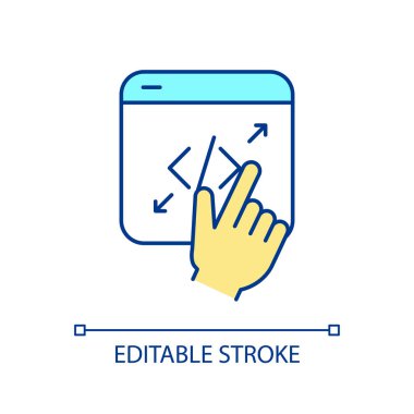 Web sayfası genişleme RGB renk simgesi. Web sitesi bilgilerini büyüt. Dokunmatik telefon ekranı. Zoom 'a dokun. İzole vektör çizimi. Basit bir çizgi çizimi. Düzenlenebilir felç. Kullanılan Arial yazı tipi