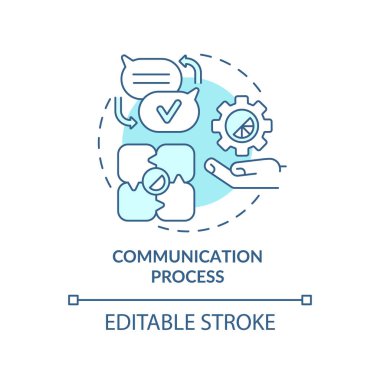 İletişim süreci turkuaz konsept simgesi. Tasarımcı takımı. Grafik tasarım, soyut fikir ince çizgi çizimine hükmeder. İzole bir taslak çizim. Düzenlenebilir felç. Arial, Myriad Pro-Kalın yazı tipleri