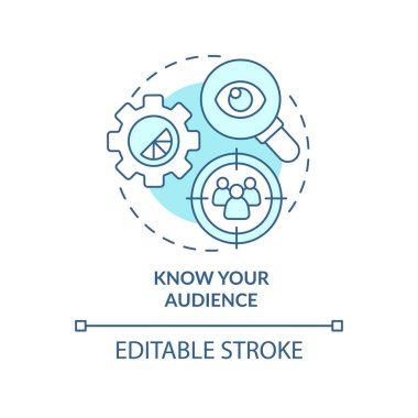 Seyirci turkuaz konsept ikonunuzu bilin. Hedeflenen içerik. Grafik tasarım, soyut fikir ince çizgi çizimine hükmeder. İzole bir taslak çizim. Düzenlenebilir felç. Arial, Myriad Pro-Kalın yazı tipleri