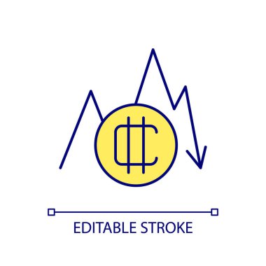 Düşen kripto para birimi fiyatları RGB renk simgesi. Kripto fiyatın altına düşüyor. Şifreli para piyasası. İzole vektör çizimi. Basit bir çizgi çizimi. Düzenlenebilir felç. Kullanılan Arial yazı tipi