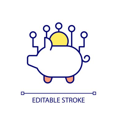 Dijital RGB renk simgesinden tasarruf ediliyor. Sanal domuz kumbarası. Otomatik tasarruf. Çevrimiçi mali işleri yönetiyorum. İzole vektör çizimi. Basit bir çizgi çizimi. Düzenlenebilir felç. Kullanılan Arial yazı tipi