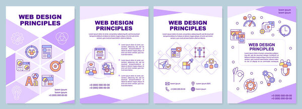 Web design principles purple brochure template. Art work. Leaflet design with linear icons. 4 vector layouts for presentation, annual reports. Arial-Black, Myriad Pro-Regular fonts used