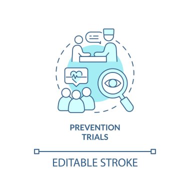 Önleme denemeleri turkuaz konsept simgesi. Tıp bilimi. Klinik çalışmaların türleri soyut fikir ince çizgi çizimleri. İzole bir taslak çizim. Düzenlenebilir felç. Arial, Myriad Pro-Kalın yazı tipleri