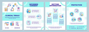 Klinik araştırmaları nane broşürü. Tıbbi testler. Çizgisel simgeli broşür tasarımı. Sunum için 4 vektör düzeni, yıllık raporlar. Arial-Black, Kullanılan Myriad Pro-Normal yazı tipleri