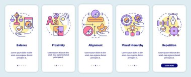 Mobil uygulama ekranında grafiksel tasarım ilkeleri. Sanat eserleri 5 aşamalı grafik talimatlar sayfaları doğrusal kavramlarla birlikte. UI, UX, GUI şablonu. Kullanılan sayısız Pro-Kalın, Düzenli yazı tipleri