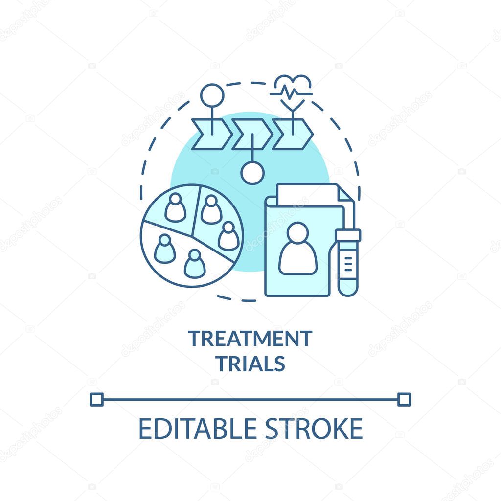 Treatment trials turquoise concept icon. Medical research. Type of clinical studies abstract idea thin line illustration. Isolated outline drawing. Editable stroke. Arial, Myriad Pro-Bold fonts used
