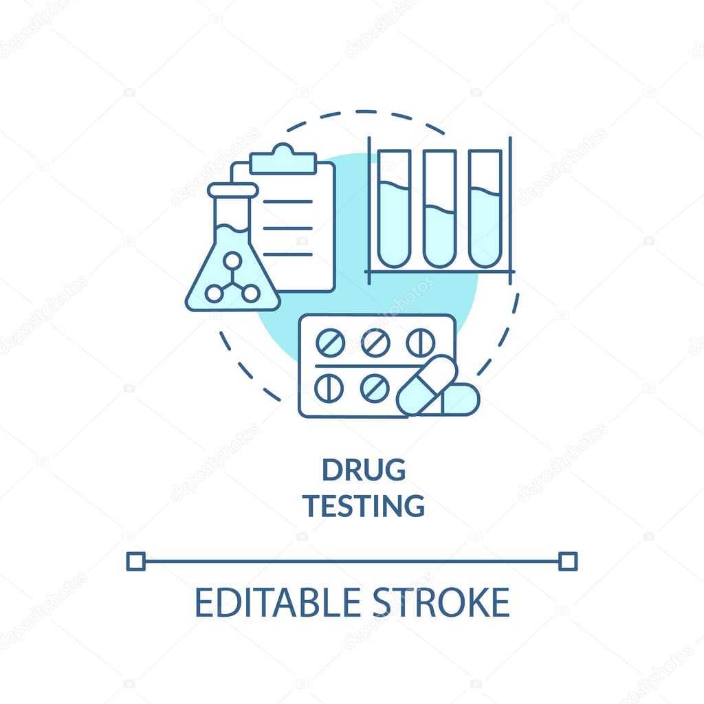 Drug testing turquoise concept icon. Pharmacy researching. Things to be tested abstract idea thin line illustration. Isolated outline drawing. Editable stroke. Arial, Myriad Pro-Bold fonts used