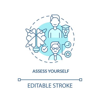 Kendinizi turkuaz konsept simgesi olarak tanımlayın. Kariyer yolunu belirlemek için soyut fikir ince çizgi çizimi. Geleceği planlamak. İzole bir taslak çizim. Düzenlenebilir felç. Arial, Myriad Pro-Kalın yazı tipleri