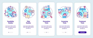Gezici uygulama ekranında klinik çalışmaların türleri. Araştırma gezisi 5 adım grafik talimatları sayfaları doğrusal kavramlarla birlikte. UI, UX, GUI şablonu. Kullanılan sayısız Pro-Kalın, Düzenli yazı tipleri