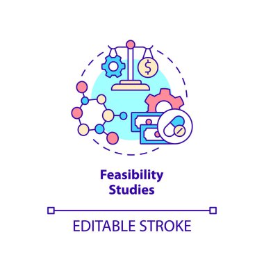 Fizibilite çalışmaları konsept simgesi. Bilgi analizi. Klinik deneylerin türleri soyut fikir ince çizgi çizimleri. İzole bir taslak çizim. Düzenlenebilir felç. Arial, Myriad Pro-Kalın yazı tipleri