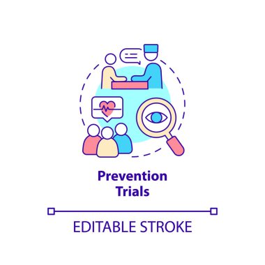 Önleme denemeleri konsepti simgesi. Tıp bilimi. Klinik çalışmaların türleri soyut fikir ince çizgi çizimleri. İzole bir taslak çizim. Düzenlenebilir felç. Arial, Myriad Pro-Kalın yazı tipleri