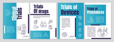 Klinik deneyler mavi broşür gibi. Tıp bilimi araştırması. Çizgisel simgeli broşür tasarımı. Sunum için 4 vektör düzeni, yıllık raporlar. Anton, Lato-Normal yazı tipleri kullanıldı
