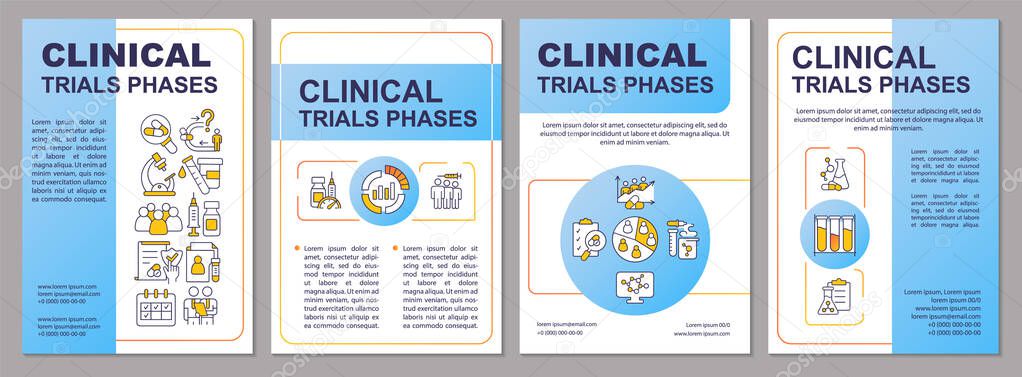 Phases of clinical trials blue brochure template. Healthcare tests. Leaflet design with linear icons. 4 vector layouts for presentation, annual reports. Arial, Myriad Pro-Regular fonts used