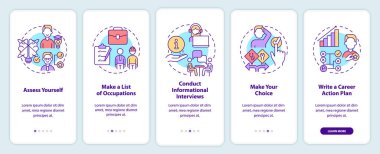Mobil uygulama ekranında kariyer seçmek için adımlar. Meslek listesi, doğrusal kavramlarla birlikte 5 adımda grafik talimatları sayfalarını inceler. UI, UX, GUI şablonu. Kullanılan sayısız Pro-Kalın, Düzenli yazı tipleri