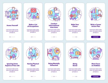 Mobil uygulama ekranında nasıl doğru iş seçileceği. Yanlış kariyer yürüyüşü. Çizgisel kavramlarla dolu 5 aşamalı grafik talimatları. UI, UX, GUI şablonu. Kullanılan sayısız Pro-Kalın, Düzenli yazı tipleri
