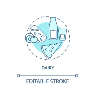 Süt turkuazı konsept ikonu. Sağlıklı kemikler, soyut fikirler ve ince çizgiler için yiyecek. - Kalsiyum kaynağı. Süt ürünü. İzole bir taslak çizim. Düzenlenebilir felç. Arial, Myriad Pro-Kalın yazı tipleri