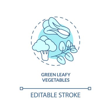 Yeşil yapraklı sebzeler turkuaz konsept ikonu. Kemikler için en iyi besin soyut fikirler için ince çizgi çizimi. İzole bir taslak çizim. Düzenlenebilir felç. Arial, Myriad Pro-Kalın yazı tipleri