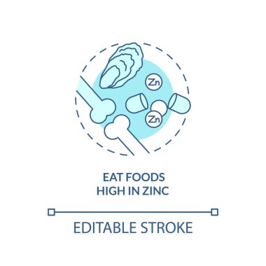 Çinko turkuaz konsept ikonu içeren yiyecekler yiyin. Sağlıklı eklemler ve kemikler soyut fikir ve ince çizgiler üzerinde çalışıyor. İzole bir taslak çizim. Düzenlenebilir felç. Arial, Myriad Pro-Kalın yazı tipleri
