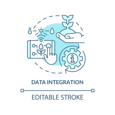 Veri entegrasyonu turkuaz konsept simgesi. Çiftçilik yeniliği soyut bir fikir sunuyor ince çizgi çizimi. İzole bir taslak çizim. Düzenlenebilir felç. Arial, Myriad Pro-Kalın yazı tipleri