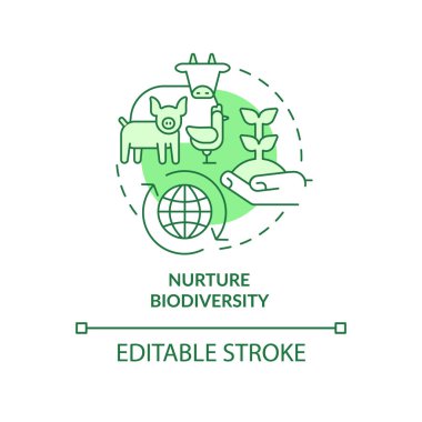 Biyolojik çeşitlilik yeşil konsept ikonu yetiştirin. Çiftlik büyümesi. Rejeneratif kültüre, soyut fikre ince çizgi çizimine geçelim. İzole bir taslak çizim. Düzenlenebilir felç. Arial, Myriad Pro-Kalın yazı tipleri