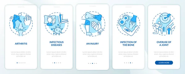 Φλεγμονώδεις Κοινές Ασθένειες Μπλε Onboarding Οθόνη Κινητό App Walkthrough Βήματα — Διανυσματικό Αρχείο
