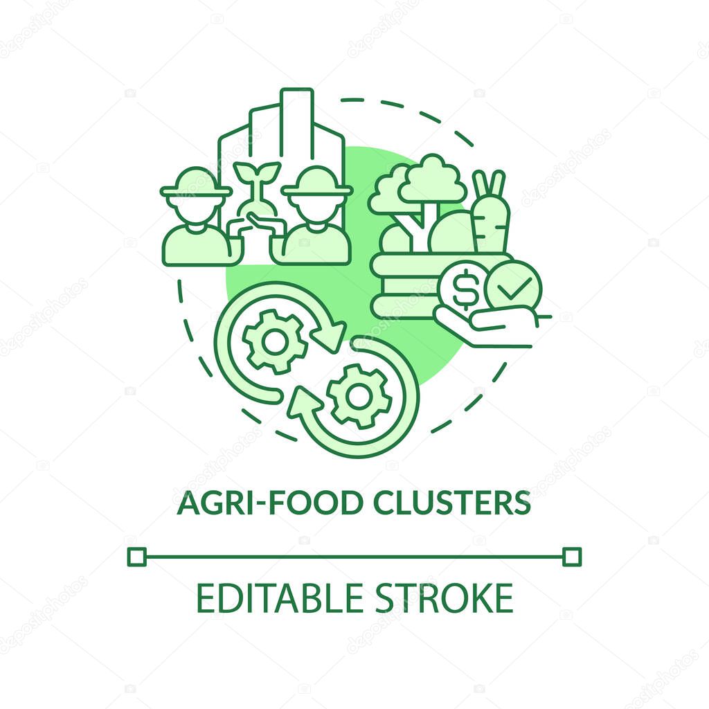 Agri-food clusters green concept icon. Agricultural industry. Farming trends abstract idea thin line illustration. Isolated outline drawing. Editable stroke. Arial, Myriad Pro-Bold fonts used