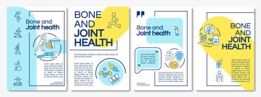 Kemikleri ve eklemleri sağlıklı mavi ve sarı broşür olarak saklıyorum. Çizgisel simgeli broşür tasarımı. Sunum için 4 vektör düzeni, yıllık raporlar. Questrial, Lato-Düzenli yazı tipleri