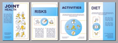 Sağlıklı eklemler için mavi broşür. Diyet ve egzersizler. Çizgisel simgeli broşür tasarımı. Sunum için 4 vektör düzeni, yıllık raporlar. Arial, Myriad Pro-Normal yazı tipleri kullanıldı