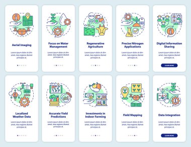 Mobil uygulama ekranında tarım trendleri. Tarım 5 aşamalı grafik talimatı sayfaları doğrusal kavramlarla birlikte. UI, UX, GUI şablonu. Kullanılan sayısız Pro-Kalın, Düzenli yazı tipleri
