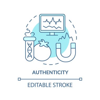 Özgünlük turkuaz konsept simgesi. Gıda test servisi soyut fikir ince çizgili çizim. Tüketici güveni artıyor. İzole bir taslak çizim. Düzenlenebilir felç. Arial, Myriad Pro-Kalın yazı tipleri