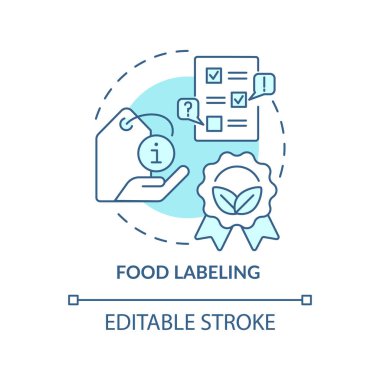 Yiyecek etiketleme turkuaz konsept simgesi. Servis soyut fikri ince çizgi çizimi deneniyor. Satılık yasal gereksinimler. İzole bir taslak çizim. Düzenlenebilir felç. Arial, Myriad Pro-Kalın yazı tipleri