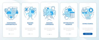HR iletişim yetenekleri mavi mobil uygulama ekranında. İş gezintisi 5 adım grafik talimatlar sayfaları doğrusal kavramlarla. UI, UX, GUI şablonu. Kullanılan sayısız Pro-Kalın, Düzenli yazı tipleri