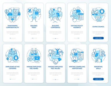 HR becerileri mavi seyyar uygulama ekran seti. İstihdam yürüyüşü 5 adım grafik talimatlar sayfaları doğrusal kavramlarla. UI, UX, GUI şablonu. Kullanılan sayısız Pro-Kalın, Düzenli yazı tipleri