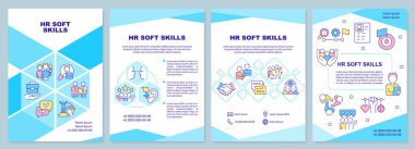 İnsan Kaynakları 'nın yumuşak yetenekleri mavi broşür. İstihdam süreci. Çizgisel simgeli broşür tasarımı. Sunum için 4 vektör düzeni, yıllık raporlar. Arial-Black, Kullanılan Myriad Pro-Normal yazı tipleri