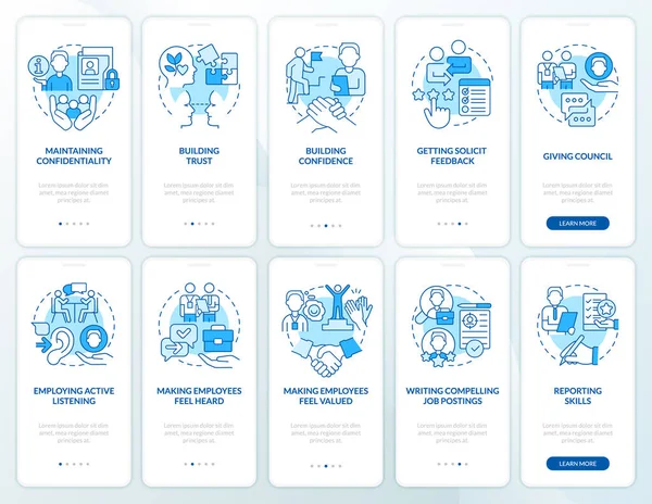 Compétences Bleu Onboarding Mobile App Screen Set Marche Travers Étapes — Image vectorielle