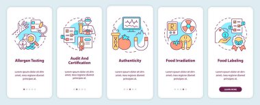 Mobil uygulama ekranında test hizmetleri. Gıda etiketleme 5 adım grafik talimatlar sayfaları doğrusal kavramlar. UI, UX, GUI şablonu. Kullanılan sayısız Pro-Kalın, Düzenli yazı tipleri