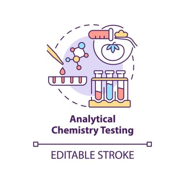 Analitik kimya test konsepti ikonu. Yemek test prosedürü soyut fikir ince çizgi çizimi. Kimyasal analiz. İzole bir taslak çizim. Düzenlenebilir felç. Arial, Myriad Pro-Kalın yazı tipleri