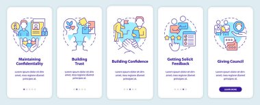 HR iletişim yetenekleri mobil uygulama ekranında. İş gezintisi 5 adım grafik talimatlar sayfaları doğrusal kavramlarla. UI, UX, GUI şablonu. Kullanılan sayısız Pro-Kalın, Düzenli yazı tipleri