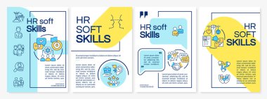 HR yumuşak yetenekleri mavi ve sarı broşür şürü. İstihdam süreci. Çizgisel simgeli broşür tasarımı. Sunum için 4 vektör düzeni, yıllık raporlar. Questrial, Lato-Düzenli yazı tipleri